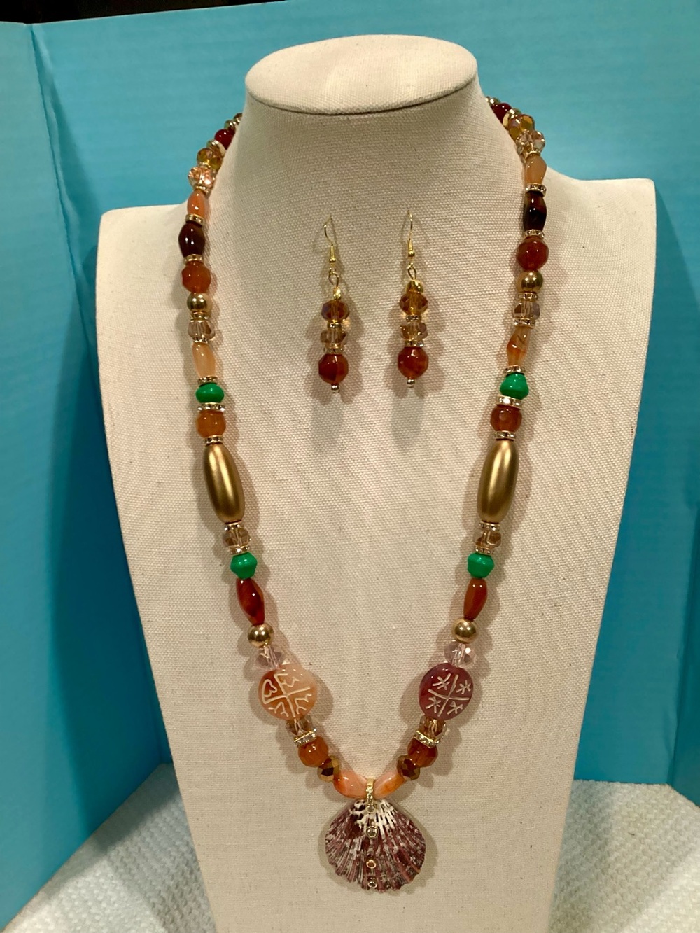 Artisan Crafted Natural Embellished Beaded Shell Necklace and Matching Earrings